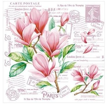 Салфетки 330х330 мм 3-сл., диз. "Открытка с магнолиями", разноцв., бум., 20 шт/упак "Bouquet" 12 упак/кор РОССИЯ 37925