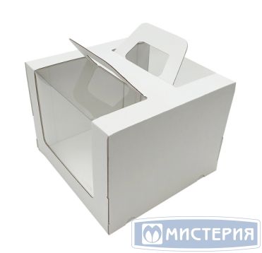 Коробка для торта 260х260х200 мм, с окном, неразъем.крышка, с ручк., крафт-бел., карт., 25 шт/кор 25 шт/упак РОССИЯ Г04236
